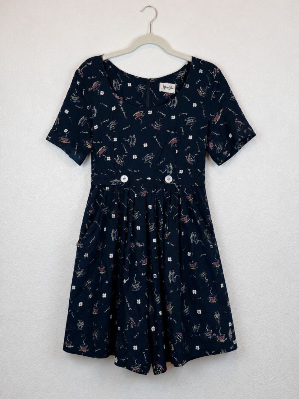 Vintage Jeffrey & Dara Tea Cup Print Romper Black Cottagecore XS S Whimsical